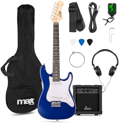 MAX GigKit Junior 3/4 – Guitarra eléctrica infantil con amplificador, funda, afinador, púas y accesorios – kit guitarra y amplificador ideal para niños y niñas de 8 a 12 años – color azul