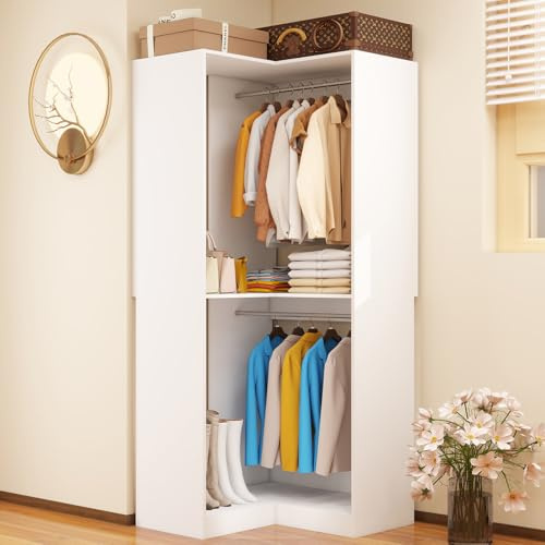 dooloric Corner Closet System with 3 Hanging Rods, Freestanding Closet Organizer Storage System L Shaped Walk in Closet Corner Modular Wardrobe, White