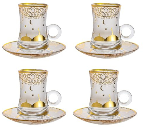 Bicchieri da tè turchi tazze e piattini, tazze da caffè espresso con motivo in rilievo oro, set di tazze da tè in vetro, tazza di vetro da 120 ml con manico (gold A, 4pcs)