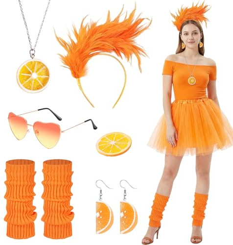 HarnyLoom Aperol Kostüm Damen Accessoires AperolKostüm Apritz Stirnband Brille Halskette Ohrringe Beinstulpen für Karneval Party Fasching JGA Sommerfeste