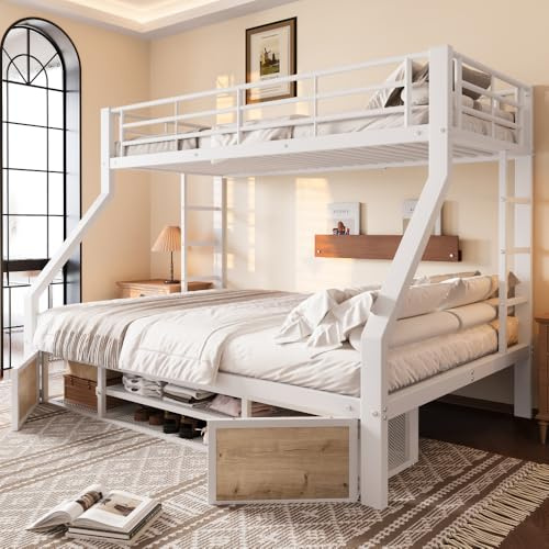 Cama alta para niños 90 x 200 cm y 140 x 200 cm, con zapatero y compartimentos de almacenamiento, litera de matrimonio, metal cama con escalera en 2 lados, barrera, camas para adar, sin colchón