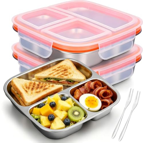 agctrler 2 Stück 2 Stück Snackbox mit 3 Fächern Edelstahl 600ml, Auslaufsichere Lunchbox für Kinder & Erwachsene, Meal Prep Brotdose mit Deckel für Schule, Büro und Camping