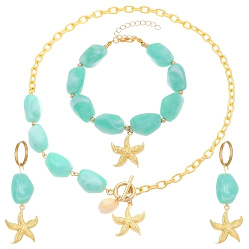 XFSRG 3 Piezas Conjunto de Bisutería Oceánica Estrella Mar Juego Joyas Bohemias Concha Joyería Temática Marina Collar Playa Concha Estrella de Mar Pendientes Pulsera (Verde)