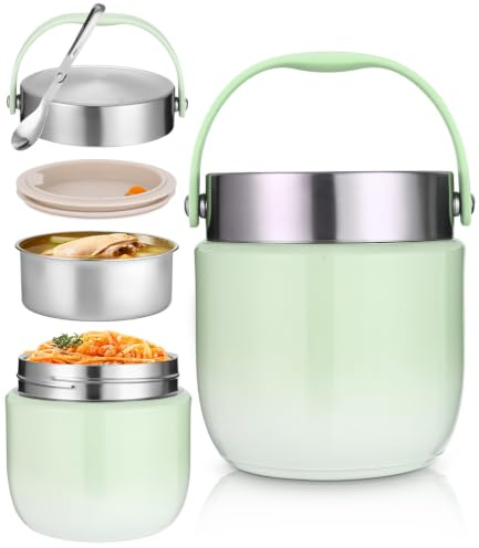Suvexor Fiambrera Térmica 1200 ml de Acero Inoxidable, Recipiente Térmico | para Comida Hermético Sin BPA con Cuchara Plegable, Mantiene Caliente y Frío para Niños y Adultos, Verde