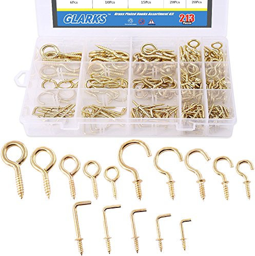 GLARKS Kit assortito da 213 pezzi con occhielli a vite placcati in ottone, ganci a vite e ganci quadrati per appendere le tazze da soffitto
