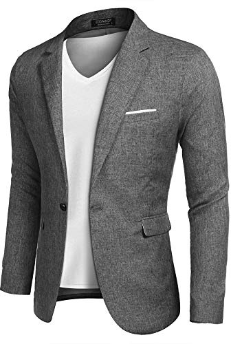 Coofand Vardaglig kostymkavaj för män, blazer, lätt och sportig med en knapp, linnetextur, Grå, L