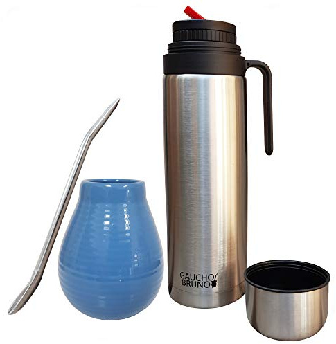 Kit Yerba Mate - Taza, Bombilla y Termo - Vaso de Cerámica, Pajita Acero Inoxidable con Filtro y Termo Anti Salpicaderos de 1 L de Capacidad - Conjunto Reutilizable para Mate Argentino - Celeste