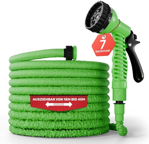 Flexibler Gartenschlauch [45m lang, grün] inkl. Brause und Adapter | 1/2 Zoll & 3/4 Zoll“ dehnbarer Wasserschlauch