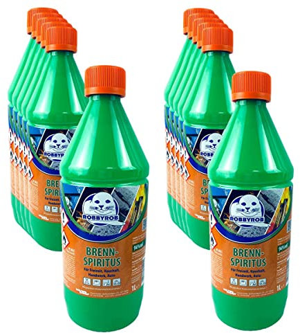 JaTop 12 x 1L Robbyrob Brennspiritus, Weiß, geeignet für Haushalt, Auto und Freizeit; mit Spritzausgießer und kindersicherem Verschluss