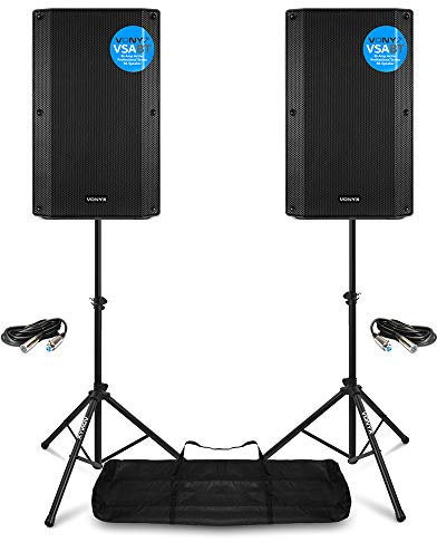 VONYX VSA12BT Active PA Speaker Set - Pair of 12-Inch 1600W Bluetooth DJ Speakers with Adjustable Stands, Carry Bag for Stands & XLR Cables for Live Events & Parties