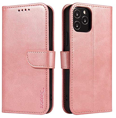 LOLFZ Wallet Case for iPhone 12, Case for iPhone 12 Pro, Vintage Leather Book Case with Card Holder Kickstand Magnetic Closure Flip Case Cover for iPhone 12 iPhone 12 Pro 6.1 inch - Rose Gold