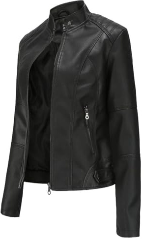 Hiseng Veste Simili Cuir Femme,Noir PU Femme Manteau de Moto Court et Décontracté, Manche Longue Veste Chic et Elegant,Printemps Automne Hiver Zipper Simili Cuir Blouson-2XL
