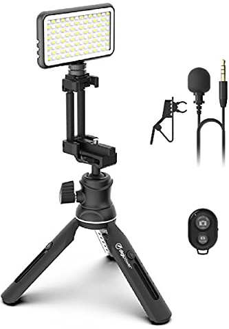 DigiPower Vlogging Kit Instructor mit LED Videoleuchte, Clip-on Lavalier Mikrofon, Handy + Kamera Halterung, Handgriff/Mini-Stativ, für Smartphones + Kameras, für TikTok, YouTube, Streaming, Meetings
