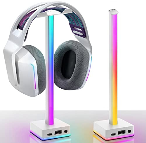 EZDIY-FAB USB LED-ljus bar hörlursstativ, skrivbordsatmosfär RGB bakgrundsbelysning, 50 inbyggda färglägen, hörlurshållare för spelare spel PC PS5 tillbehör skrivbord – vit