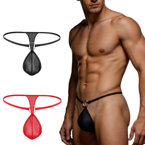ITODA Sexig G-string för män baddräkt string underkläder T-back trosa bikini underkläder med metall O-ring en storlek, Svart+röd, one size