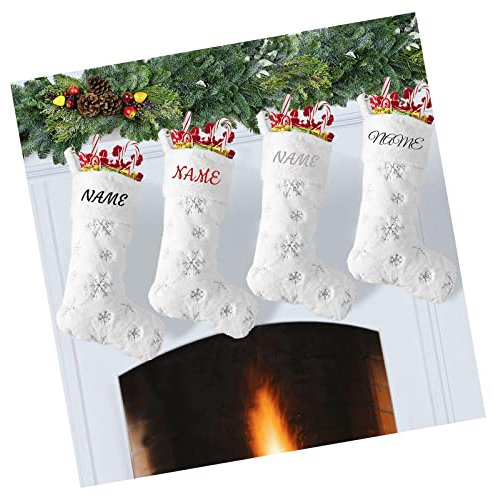 ＣＨＡＭＥＥＮ Personalisierter Weihnachtsstrumpf Fell mit Namen Personalized Christmas Stockings Name Personalisierte Weihnachtsstrümpfee Weiß mit Schneeflocken für 2 Stück Weihnachten Kamin Deko