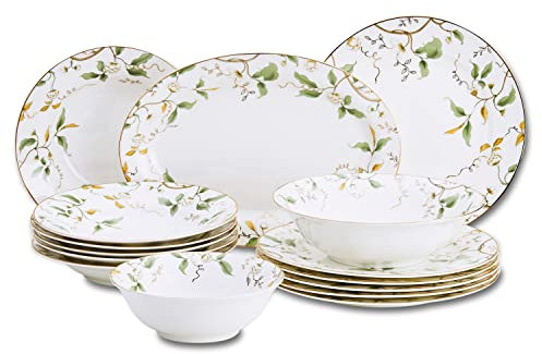 Peill+Putzler Germany, Tafelservice für 6 Personen aus hochwertigem Bon China Porzellan, 15-teiliges Geschirrset in weiß florales Muster, 6xSpeiseteller, 6xSuppenteller, 1xServierplatte, 2xSalatschale