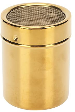 Esparcidor de acero inoxidable, cocina de malla fina, espolvoreador de cacao, con tapa, para capuchino, chocolate, azúcar, canela, harina, sal, 7 x 9 cm, dorado