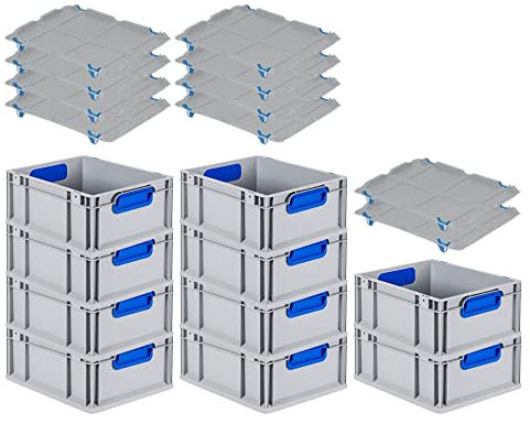 PROREGAL SuperSparSet 10x Eurobox NextGen Color mit Auflagedeckel & Schiebeschnappverschlüsse, HxBxT 17x30x40cm, 16L, Griffe blau geschlossen, Glatter Boden, Eurobehälter Transportbox