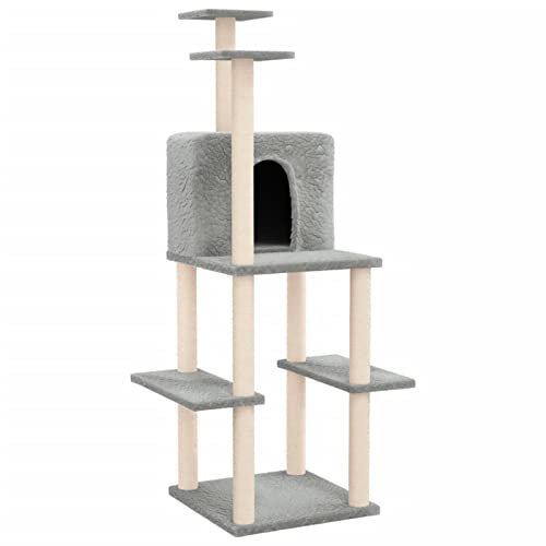 Tidyard Kratzbaum mit Sisal-Kratzsäulen Katzenkratzbaum Katzenbaum Aktivitätskratzbäum Kletterturm Kletterbaum Katze Katzen-Spielplatz Kratzstamm Kratzbäumen 73 x 47,5 x 144,5 cm (L x B x H) Hellgrau