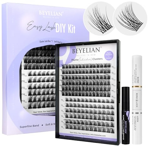 BEYELIAN lash Extension Kit D+ Curl Cluster 156 Pcs, Bond and Seal, Lash Glue Remover Easy to Apply at Home (Style3+Style5)