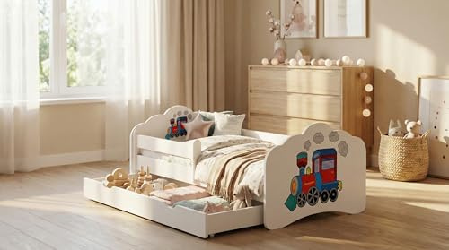 Happy Babies MOBI - Kinderbett 160 x 80 | Kinderbett mit Rausfallschutz & Bettkasten | Jugendbett mit farbigem Aufkleber | Bett mit Matratze 80x160 | Kinder-Bett für Mädchen & Jungen WIESS (M17)