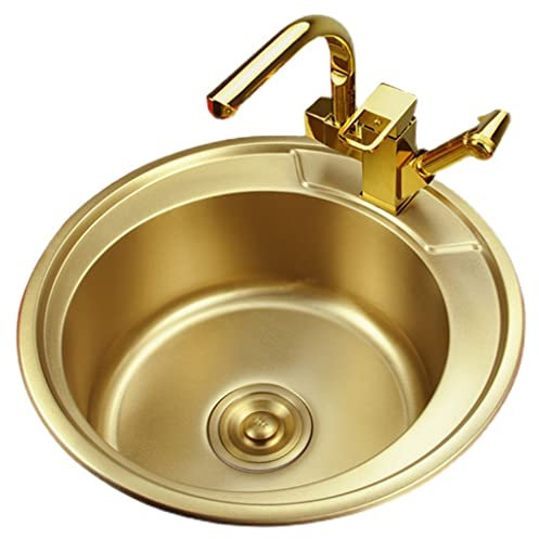 Küchenspüle Wasserhahn, Spülbecken Gold Rund 304 Edelstahl Barküche Rund Mit Heiß- Und Kaltwasserhahn Eingebaut Klein (Farbe: Gold, Größe: 49x49x19cm)