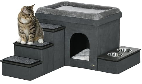 PawHut Katzenhöhle Katzenbett mit Kissen Treppe 78 x 48 x 49,5 cm Grau | 2 Edelstahlnäpfen, Trennwand, Liegefläche, Katzenhaus, für Katzen Hunde bis zu 8 kg, für Indoor
