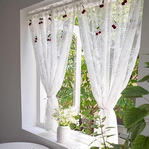 Devola Scheibengardine Spitze Landhaus Küchenvorhang Blumen Bistrogardine Transparent Weiß Jacquard Gardinen Fenstervorhang Kurz Landhausstil HxB 150x100cm Weiß 1 Stück