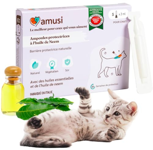amusi Fiale Protettive Olio di Neem per Gatti - 5 Pipette Gatti da 1 ml - Antiparassitario - Antipulci Gatto Contro Zecche Pulci Zanzare Pidocchi - Lunga Durata e Protezione Effetto Scudo