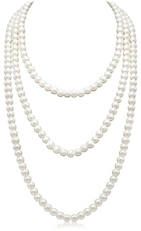 Tomedeks 1 Stück Elegante Künstliche Perlen-Halskette 150 Cm, Weiße Perle, Lang, Gatsby Kostüm Accessoires, Damen