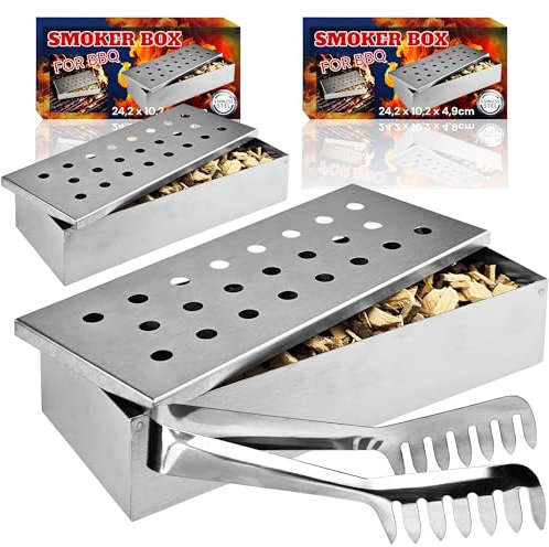 Räucherbox Set inkl. 1x Zange für Holzkohle-, Elektro- & Gasgrill – Smokerbox aus Edelstahl zum Grillen – Smokergrill-Flair für Fleisch, Fisch & Gemüse - 2 x Smoker Box