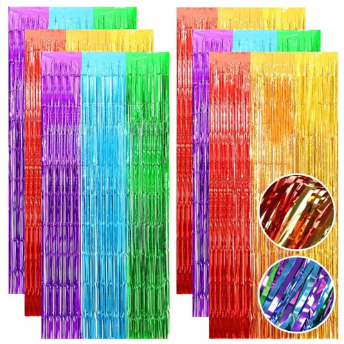 QEEYON 6 Stück Lametta Vorhang Pastell, Glitzervorhang Lametta, Glitzer Party Vorhang, Regenbogen Folien Fransen Hintergrund fur Geburtstag Hochzeit Abschluss Disco Weihnachten Party Deko (1m x 2m)