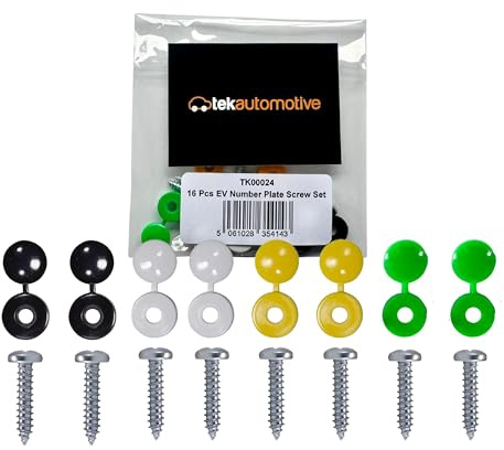 Tek Automotive Set di 16 viti e tappi per targa con tappi a vite neri, bianchi, gialli, verdi e 8 viti autofilettanti, kit di fissaggio per targhe auto e veicoli elettrici