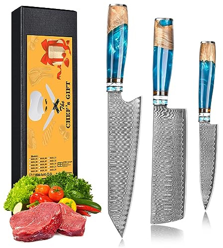 oFuun Küchenmessersets Damast Kochmesser Profi Messer, 5-Teilig Scharfes Küchenmesser Messer Chefmesser 20cm Japanisches Messer Damaststahl 67 Schichten mit Ergonomischem Griff Fleisch
