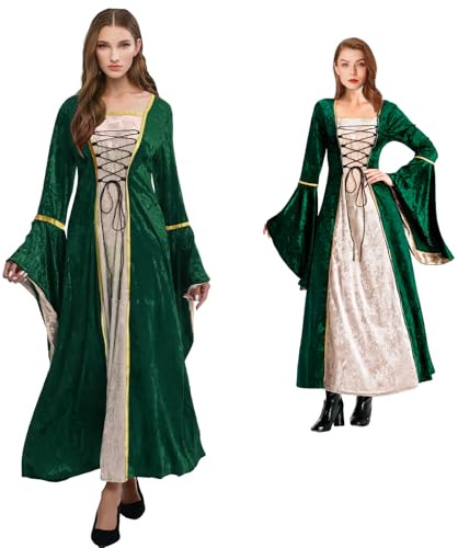 Tutukyle Robe de Renaissance pour femme - Style rétro médiévale - Avec corset - Manches trompettes victoriennes - Gothique - Pour femme - Pour Halloween, carnaval, vert, XXXL