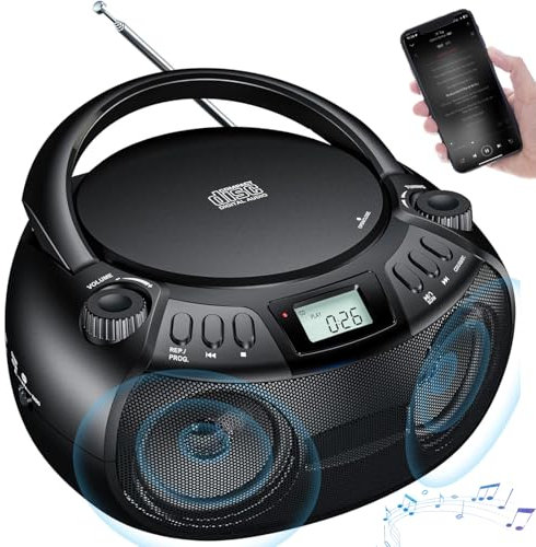 Lettore di Cassette CD, Lettore CD Portatile Boombox con connessione Bluetooth, Radio AM/FM, Altoparlanti Stereo da 3, Ingresso AUX, Display LCD, Jack per Cuffie, Centro Musicale per la casa