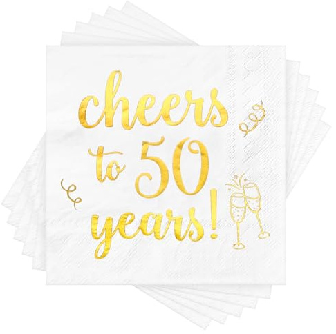 Servietten Cheers to 50 Years, Servietten 50 Geburtstag, Cocktailservietten, 3-Lagig, Goldfolien-Aufschrift, 25,4 x 25,4 cm Ungefaltet, 50 Geburtstagsdeko Tisch Serviettens Mann Frau, weiße