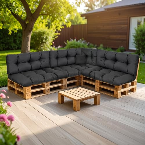 SLIPIO Cojín para palés, juego de cojines para palet europeo, relleno FÜLLPRO+, cojín resistente a la intemperie (Set de 8 piezas - 3 cojines de espalda 120x40 cm + 3 cojines de asiento 120x80 cm +