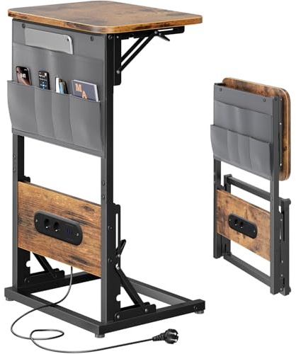 HLONONE Beistelltisch C Form, Klappbarer Sofatisch mit Steckdosen, Couchtisch mit Metallrahmen für Schlafzimmer und Wohnzimmer, 30 x 40 x 68.5 cm, Wohnzimmertisch für Kaffee und Laptop, Vintagebraun
