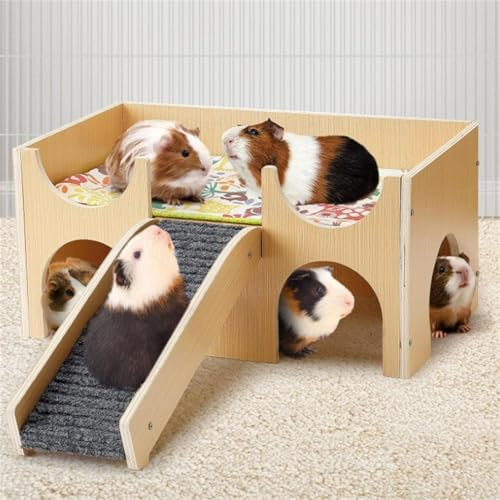 Meerschweinchen Haus, DIY Holz Hamster Kauspielzeug, Nagerhaus Häuser, Haustiere Spielzeug Zubehoer, Meerschweinchen Haus mit Rampe Kaninchenhaus für Kleine Haustiere (U-förmig)