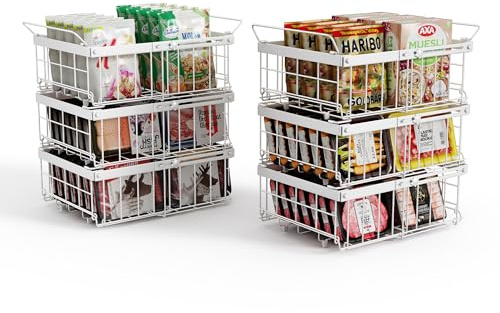 Elayu 6er Stapelbar Gefriertruhe korb,gefriertruhe organizer verstellbar,gefrierschrank organizer,stapelkörbe,Weiß, Ausziehbare Länge 29-46CM