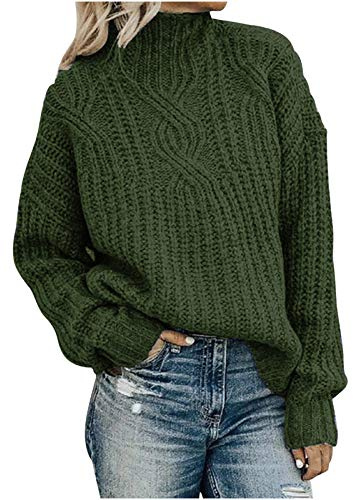 RLEHJN Cable Knit Jumper Women UK Mock Neck Chunky Knitted Jumpers Plain Sweater Solid Color Knit Tops Long Sleeve Pullover Comfortable Knitwear Ladies Jumpers Size 6-14 Green