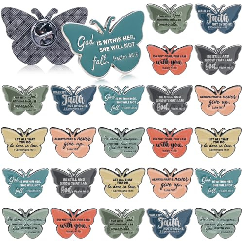 Landical 24 Pcs Christian Pin Gift in Bulk Church Mothers Day Gift Bible Verse Pins Jesus Enamel Lapel Pins Religious Metal Badge Brooch for Church(Butterfly,Biblical Verse)