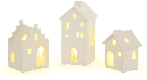 Staymoment Casas de luz de Navidad con iluminación: juego de 3 luces LED para casa de Navidad, casa de luz, decoración de Navidad, casa de luz, color blanco, casa de luces de porcelana, pueblo