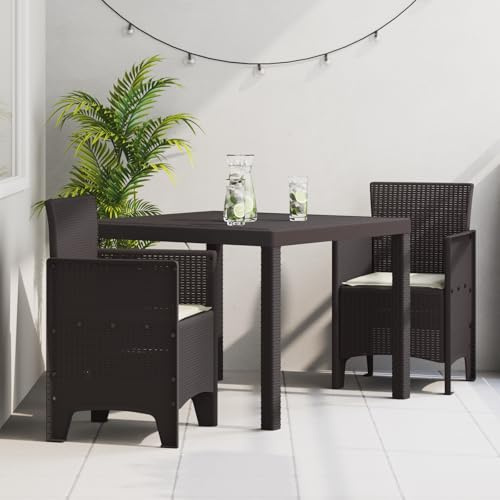 Qnhdfrt 3-TLG. Garten Esstischgruppe aus Poly Rattan Braun mit Kissen, rechteckiger Outdoor Tisch und 2 Stühle für Balkon Terrasse