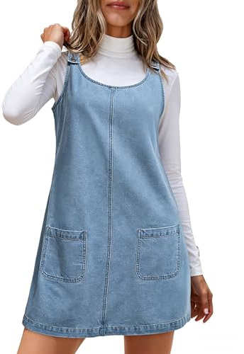 Dokotoo Denim Dress Womens Fashion Casual Sleeveless Crewneck Western Jean Dress Cowgirl Outfits Country Plus Size Denim Overalls for Women Babydoll Mini Shift Jumper Dresses with Pockets Beau Blue S