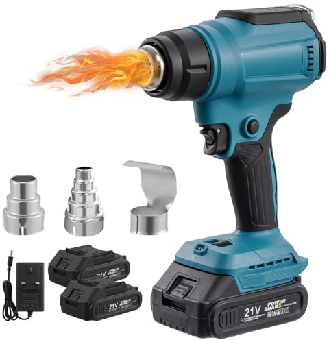 wowspeed Heat Gun with 2 * 1500mAh Battery&Charger, 21V Cordless Hot Air Gun Kit with 3 Nozzle, 0-1500RPM, 400℃ & 550℃ Dual-Temperature Settings, Battery Heat Guns for Crafts, Shrinking PVC, Welding