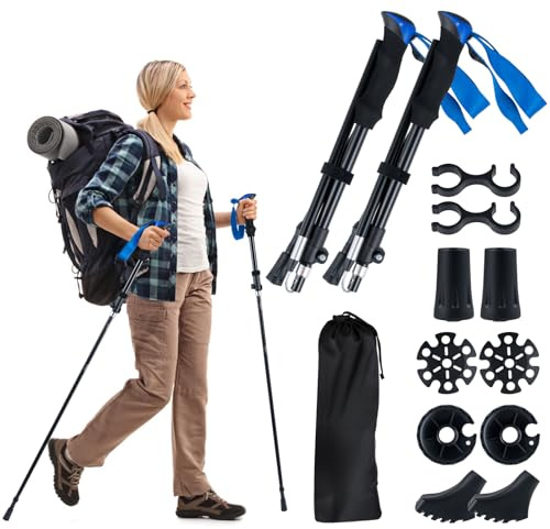 COSTWAY Bastones de Senderismo Plegables, Bastones Trekking de Aleación de Aluminio, Marcha Nordica, Ajustable 115-130CM, Mango de EVA, Correa Ajustable, Accesorios Todoterreno (Negro+Azul)