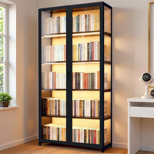 Scribora Bookcase, Bookshelf with Doors, 5 Tier Tall Display Cabinet, Free Standing Book Shelf for Living Room, Acrylic Glass Display Case for Collectibles Trophy Books (Black-folio Door)